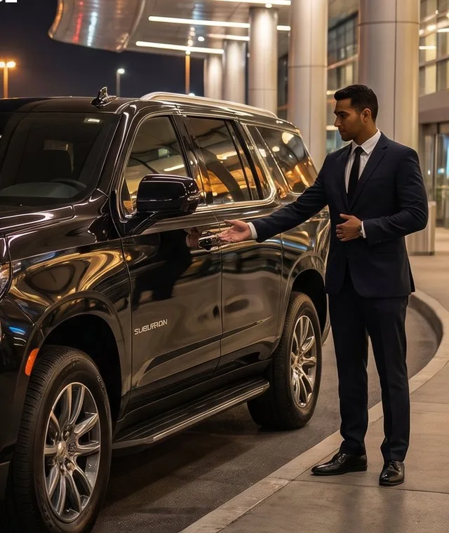 Chauffeur in a suit holding the door of a black SUV at an airport terminal at night