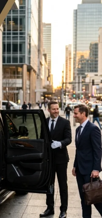 Chauffeur holding the door for two executives on a downtown street