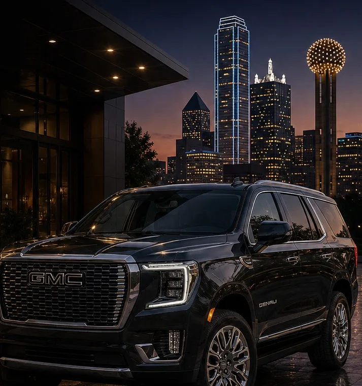 GMC Yukon parked with the Dallas skyline and Reunion Tower at dusk